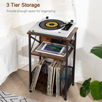 Amhancible Record Player Stand With Charging Station, Turntable Stand With Storage Cabinet, 3 Tier End Table Hold Up To 100 Albums, Record Table For Vinyl, Living Room, Rustic Brown, Hetcd01Br-1