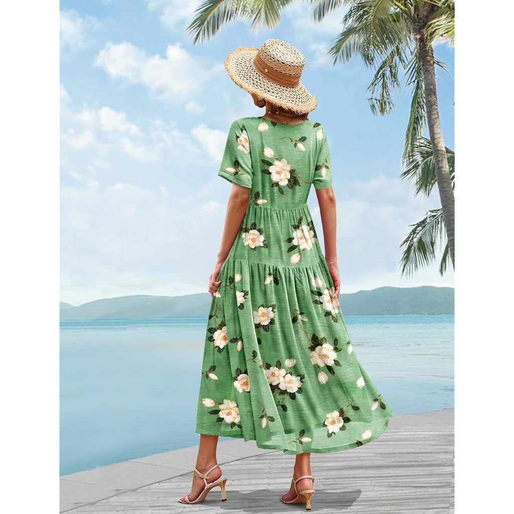 Yesno Women Casual Loose Bohemian Floral Dress With Pockets Short Sleeve Long Maxi Summer Beach Swing Dress Ejf