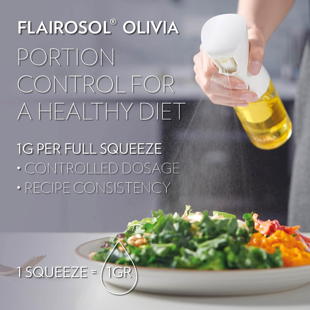 Olivia Signature Advanced Kitchen Oil Sprayer With Flairosol Technology, Fine Mist & Portion Control, Refillable Glass Olive Oil Cooking Spray Bottle For Air Fryer, Salad, Bbq, 130Ml (White Print)