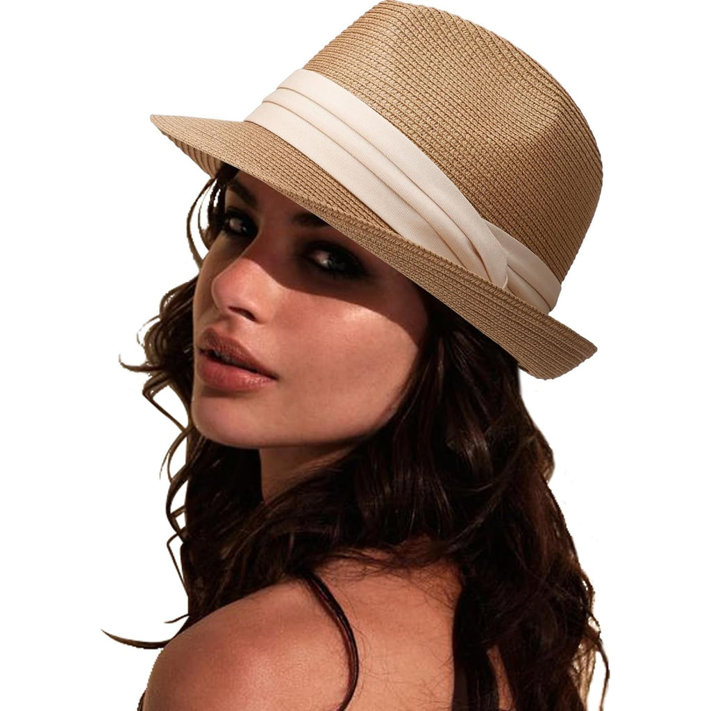 Dreshow Women Straw Sun Hat Short Brim Panama Travel Fedora Summer Hat Roll Up Beach Cap For Women Upf 50+