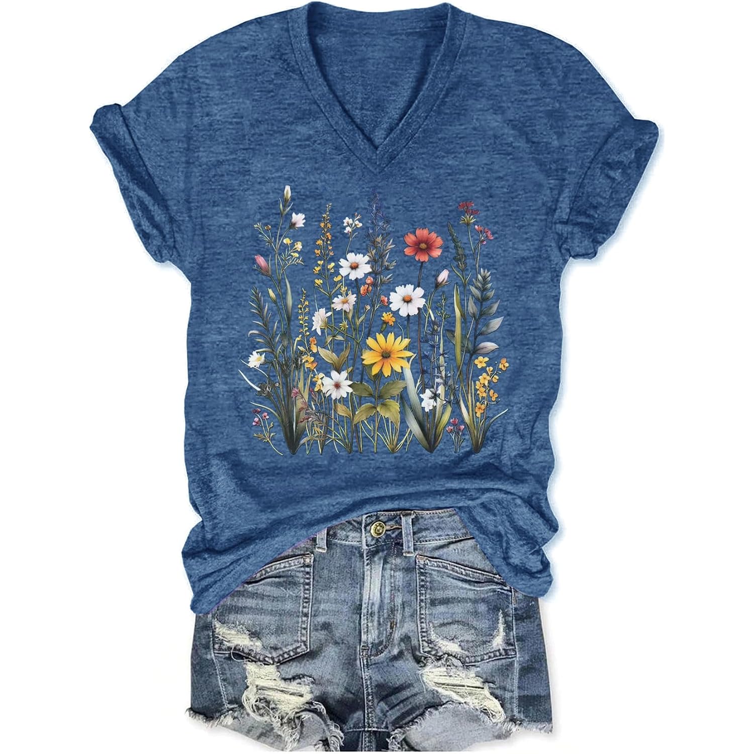 Women's T-Shirts V-Neck Dragonfly Tee Cute Summer Graphic Shirts Vintage Boho Flowers Short Sleeve T Shirt Blue1