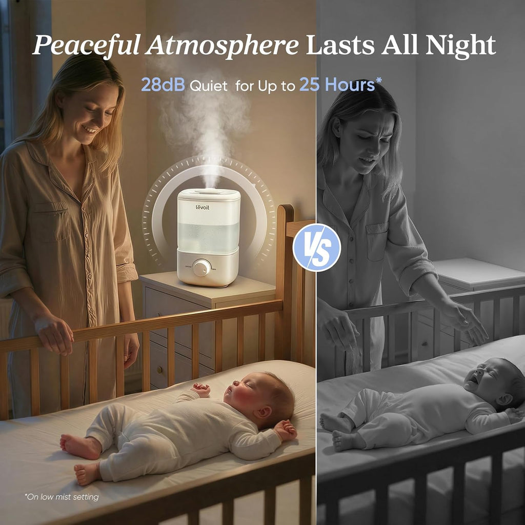 Levoit Top Fill Humidifiers For Bedroom, 2.5L Tank For Large Room, 28Db | Easy To Fill & Clean, Quiet Cool Mist Air Humidifier For Home Baby Nursery & Plants, Auto Shut-Off For Safety, 25H Lasting