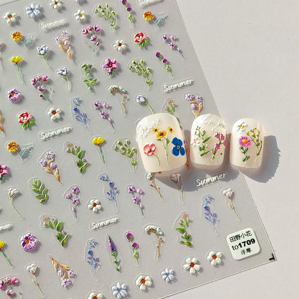 5D Embossed Flower Nail Stickers for Nail Art - Flower Nail Art Stickers Spring Summer Floral Leaf Plant Nail Decals Self-Adhesive Nail Supplies Manicure Sliders Flowers Sticker for Women Girls DIY