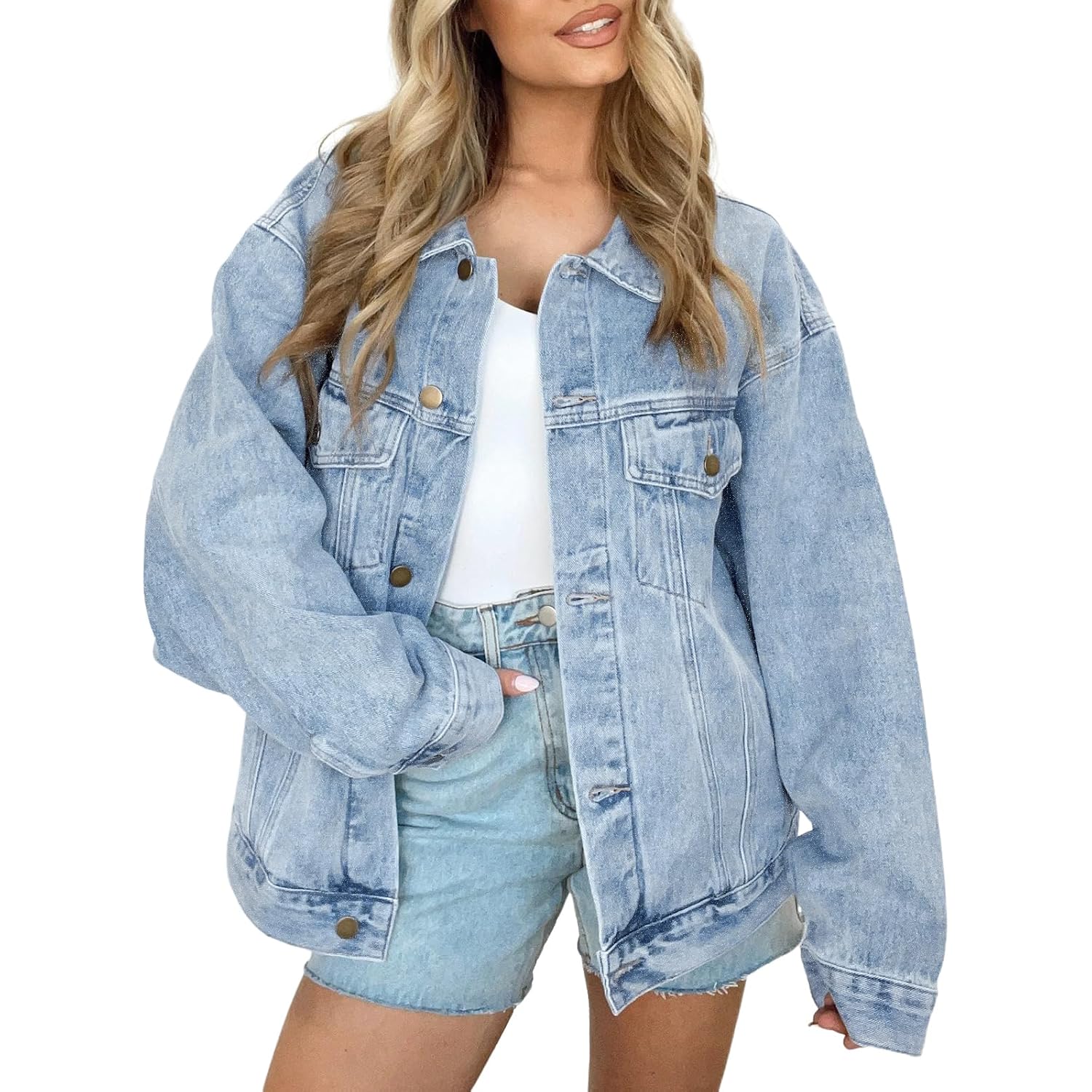 Automet Women'S Oversized Jeans Jacket, Classic Button Down Denim Jacket With Chest Pockets, Loose Fit Boyfriend Style Coat