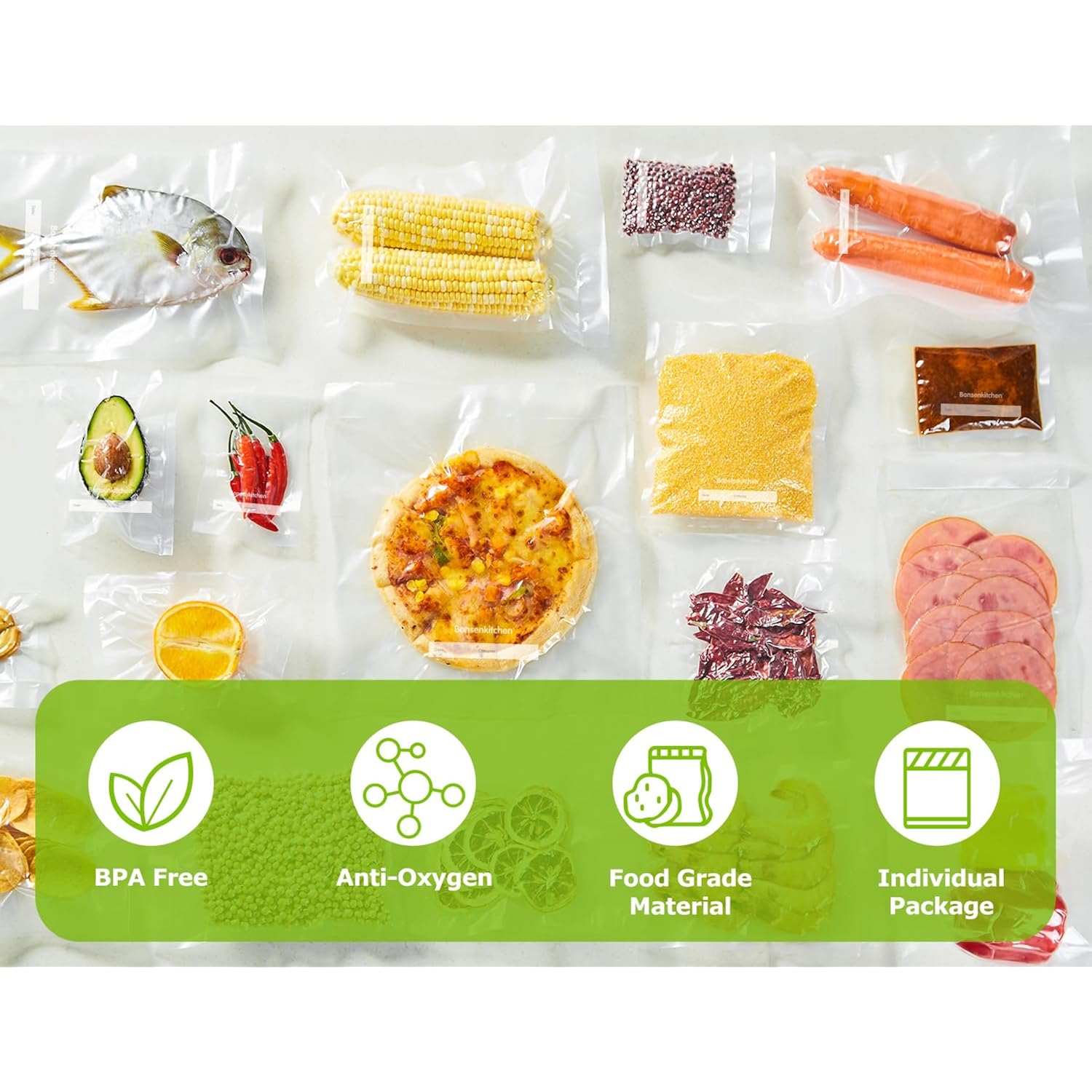 Bonsenkitchen Vacuum Sealer Bags, 20 Gallon 11" x 16"+ 80 Quart 8" x 12"+ 50 Pint 6" x 10", Commercial Grade, BPA Free, Food Sealer Bags for Vac Storage, Meal Prep or Sous Vide Cooking, VB15