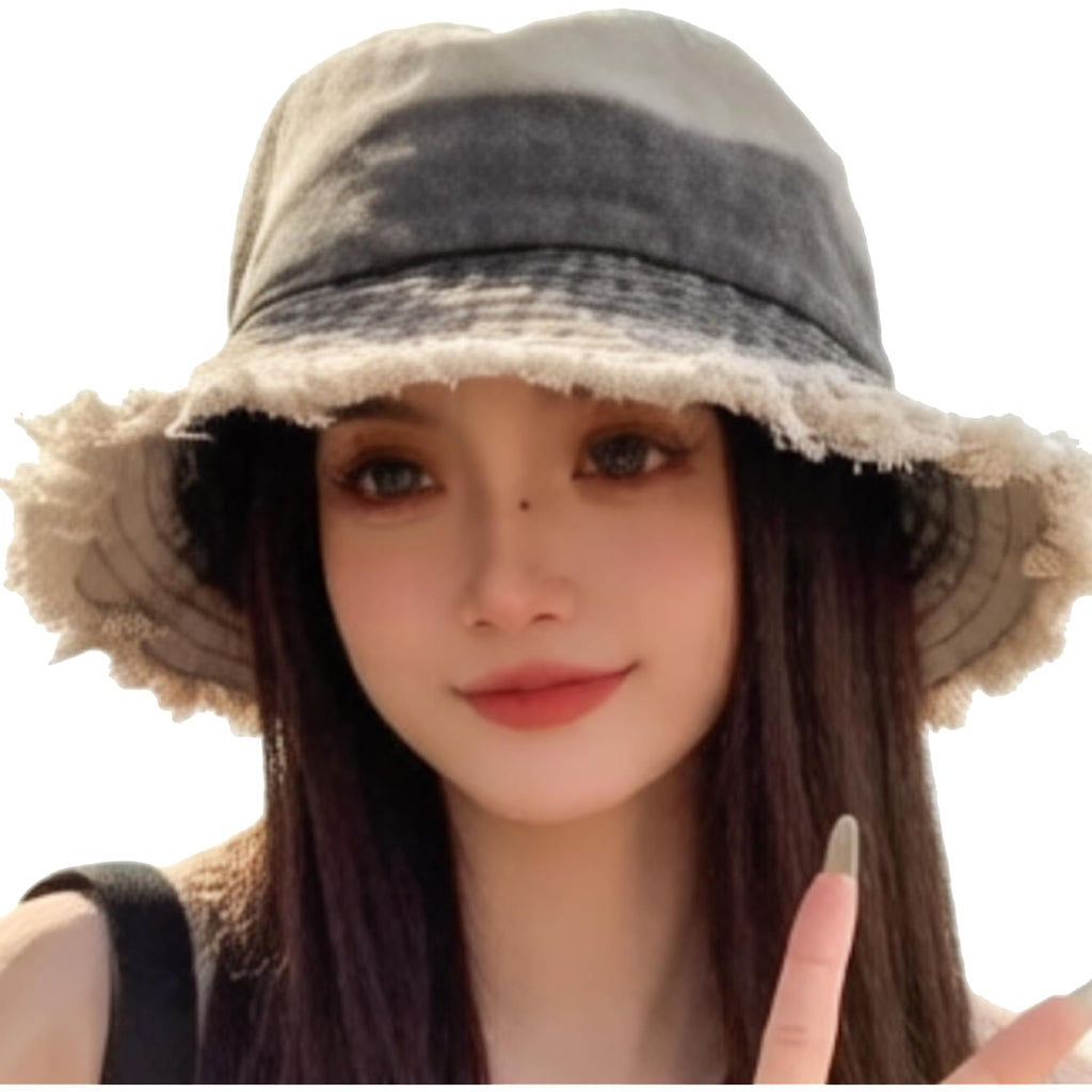 Women Retro Sun Hat Frayed Edge Brim Bucket Hats Distressed Denim Summer Beach Travel Caps Two Tone Contrasting Dark Grey/Beige