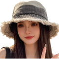 Women Retro Sun Hat Frayed Edge Brim Bucket Hats Distressed Denim Summer Beach Travel Caps Two Tone Contrasting Dark Grey/Beige