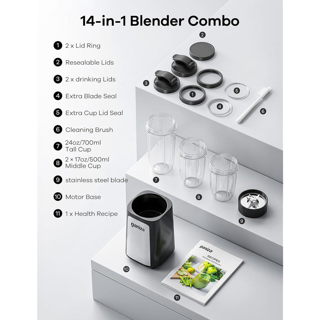Ganiza Blender For Smoothies, 14Pcs Personal Blender For Shake And Smoothies For Kitchen With 3 Portable Cups (1X24Oz & 2X17Oz), Single Serve Smoothie Maker, Nutritious Recipe