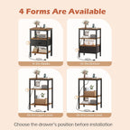 SUPERJARE Nightstand with Charging Station, Bed Side Table with Adjustable Fabric Drawer, Night Stand for Bedroom, 3-Tier Storage End Table, for Living Room, Rustic Brown and Black