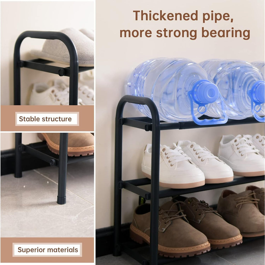 Gonfoam Expandable 3-Tier Shoe Rack For Closet And Entryway, Black | Tool-Free Assembly, Metal Material, Adjustable Shoe Organizer, Sturdy, Small Space Solution, Dorms, Garages, Apartments.