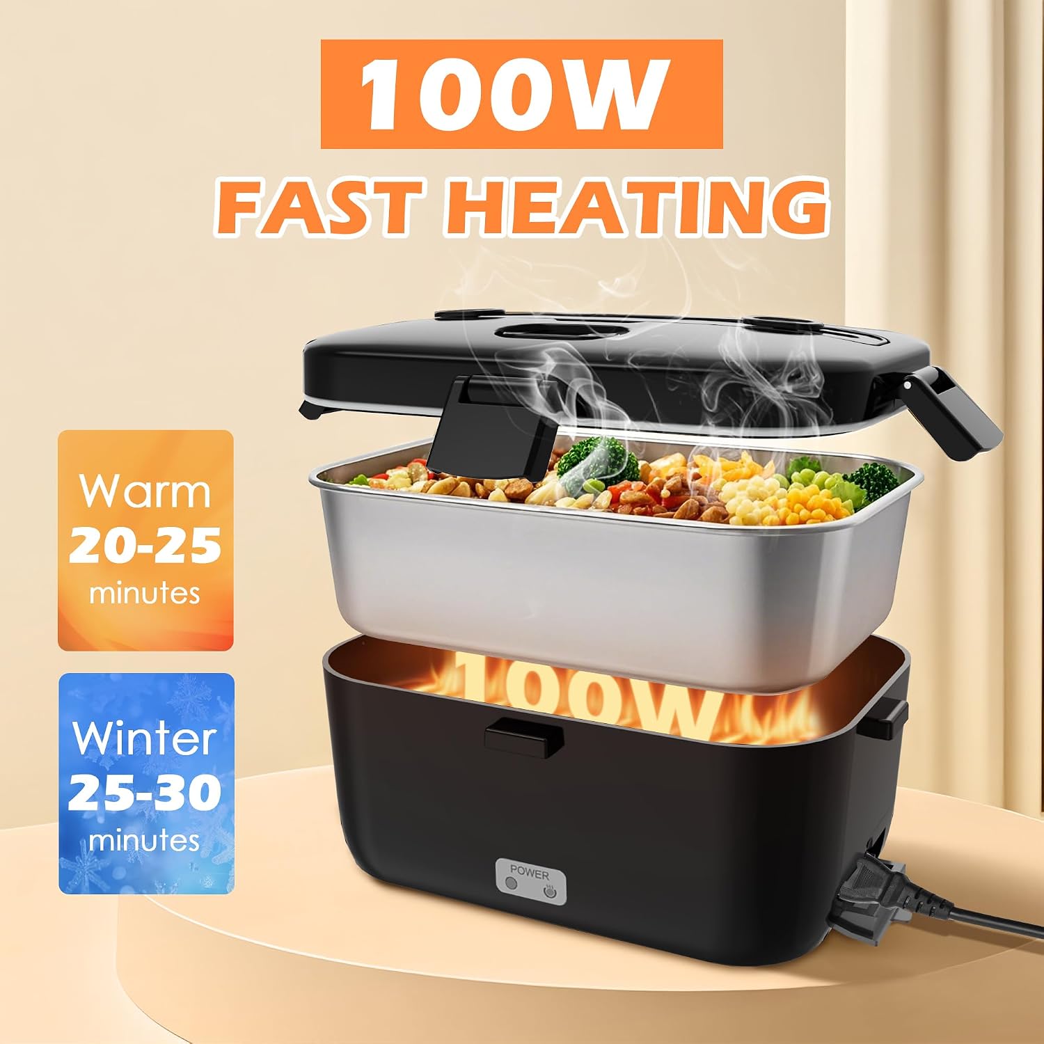 Electric-Lunch-Box-Heated-Food-Warmer 100W Heating Lunchbox For Adults 1.8L Portable Food Heater For Work/Car, 12V/24V/110-230V Lonchera Eléctrica Portátil With Fork Spoon (Black)