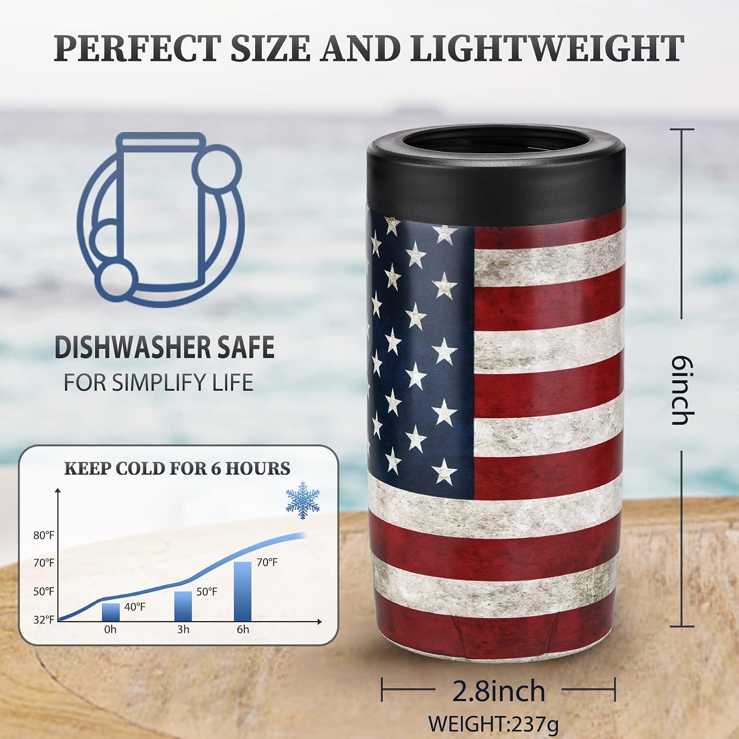 Slim Can Cooler, 4-In-1 Double Walled Stainless Steel Insulated Beer Can Holder, Works With All 12 Oz Cans,Bottles & As A Pint Cups - America Flag
