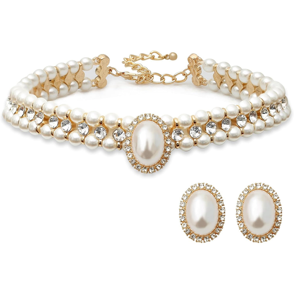 S SUSANN Costume Layered Twisted Gold Pearl Necklace Choker Chunky Glass Statement Pearl Necklace and Earring set, good gift for women Faux pearl necklace set