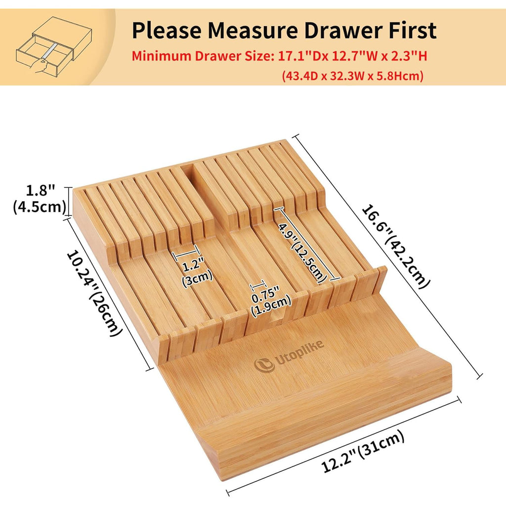 Utoplike In-drawer Knife Block Bamboo Kitchen Knife Drawer Organizer Large, handle Steak knife Holder without Knives, Fit for 16 Knife and 1 Sharpening Steel (Knives & Sharpening Not Included)