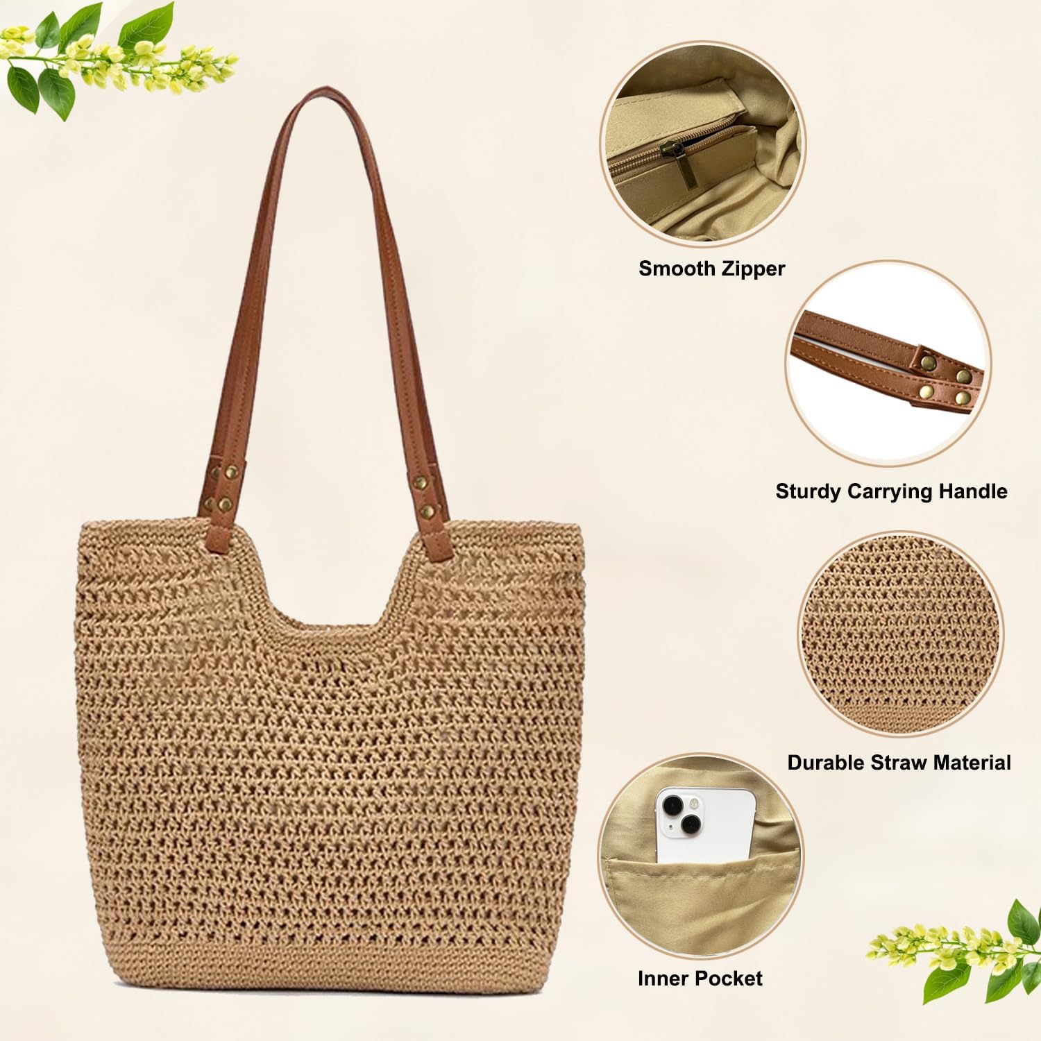 Crochet Beach Bag For Women - Summer Mesh Beach Tote Bag Boho Woven Purse Shoulder Handbags For Vacation Travel
