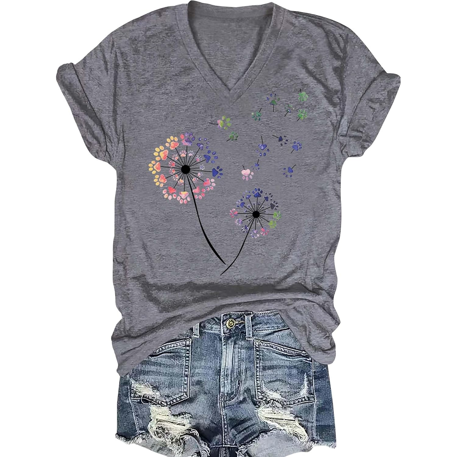 Womens Vintage Flowers V Neck Shirt Boho Floral Wildflowers Graphic Tee Casual Short Sleeve T Shirt