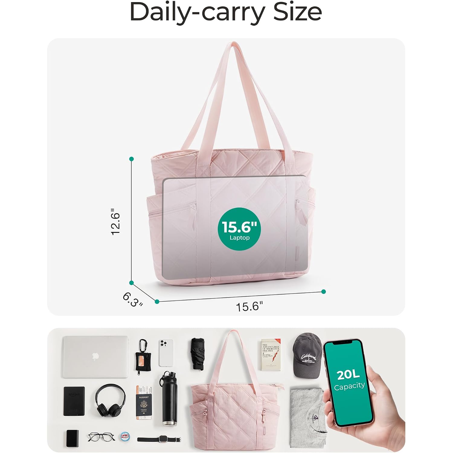 Bagsmart Crush Tote Bag For Women, 20L Puffer Work Tote With Zipper, Travel Essentials Quilted Nurse Hospital Bag