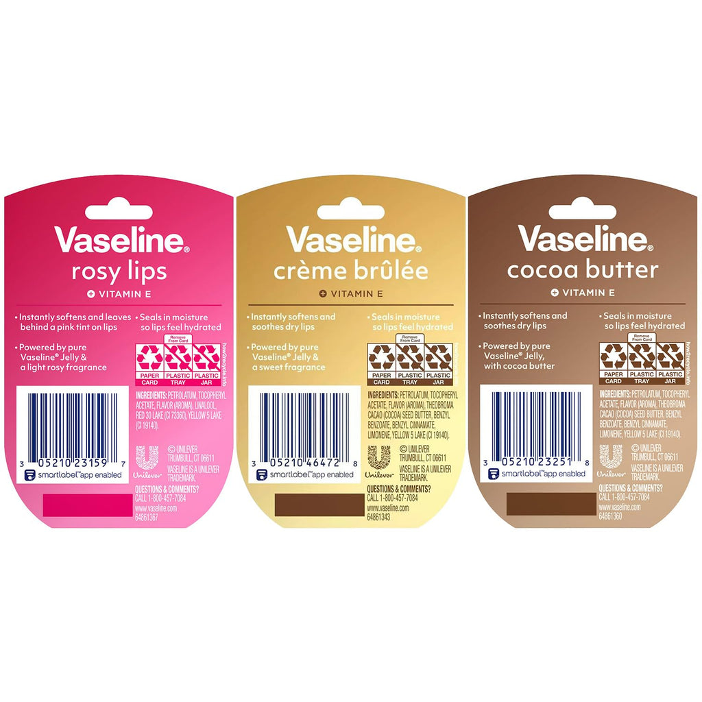 Vaseline Lip Therapy Variety 3-Pack – Crème Brûlée, Rosy Lips, Cocoa Butter Mini Lip Balms For Soft, Glowing, And Deliciously Kissable Lips, 0.25 Oz Ea