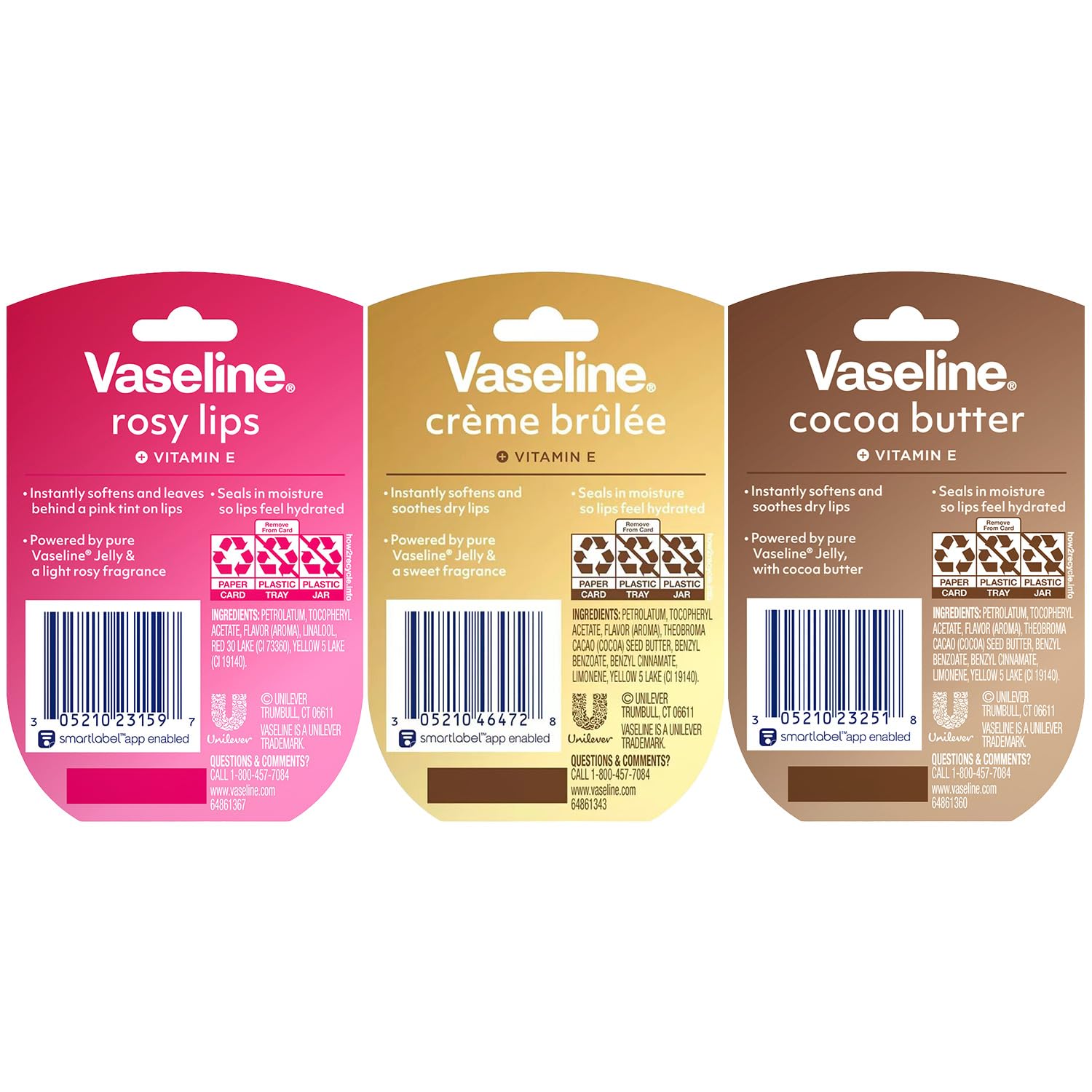 Vaseline Lip Therapy Variety 3-Pack – Crème Brûlée, Rosy Lips, Cocoa Butter Mini Lip Balms For Soft, Glowing, And Deliciously Kissable Lips, 0.25 Oz Ea