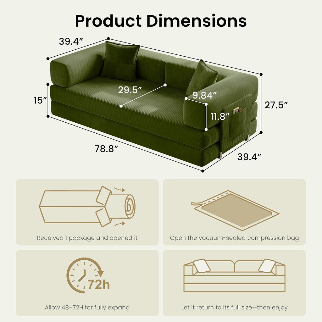 78.8" Convertible Futon Sofa Bed, Boneless Couch For Living Room