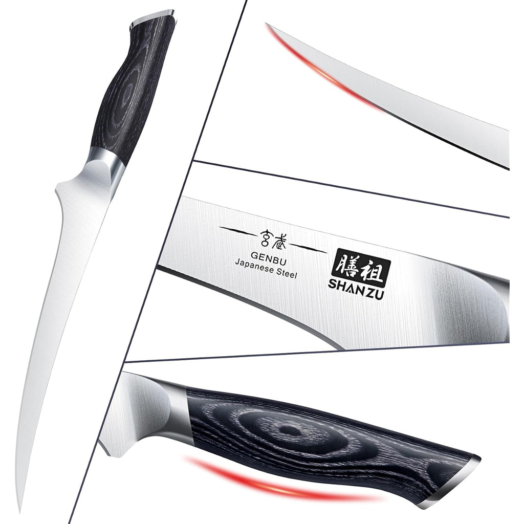 Shan Zu 7 Inch Fillet Knife, Japanese Super Steel Boning Knife, Professional Ultra Sharp Fish Knife With K133 Ergonomic Handle, Black Tortoise Genbu Series