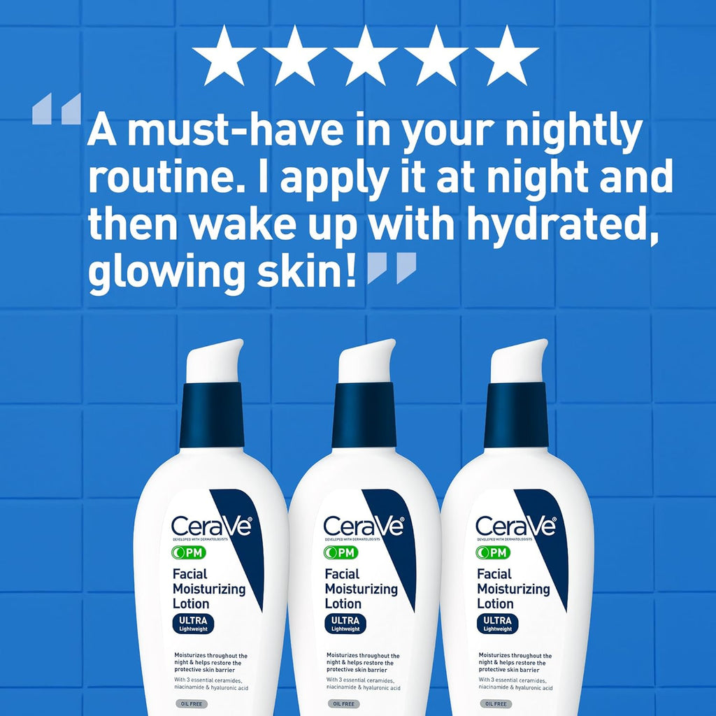 CeraVe PM Facial Moisturizing Lotion, Night Cream with Hyaluronic Acid and Niacinamide, Ultra-Lightweight, Oil-Free Moisturizer for Face, 3 Ounce