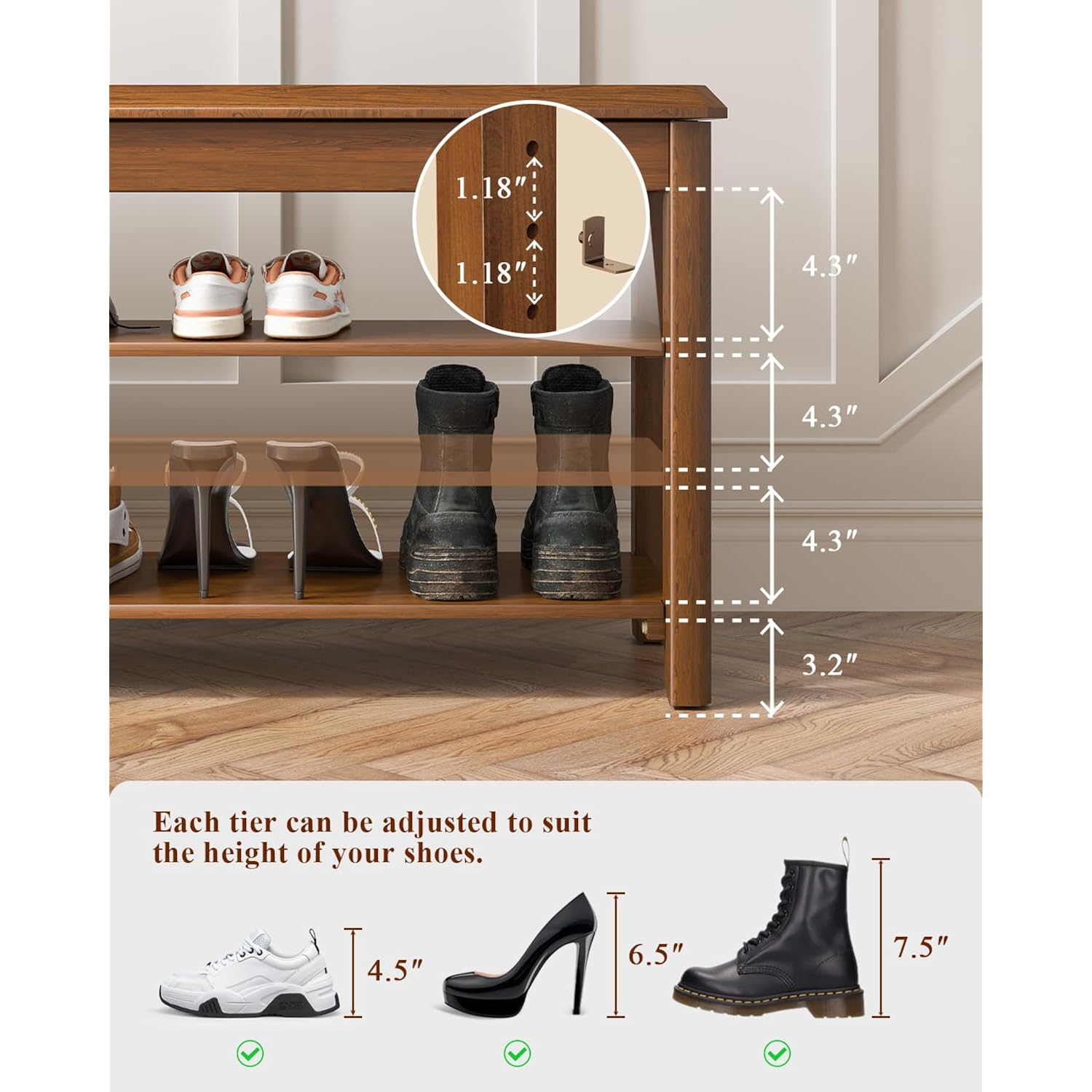 Shoe Rack Bench Seat Rubberwood 3-Tier Wooden Storage Bench 550Lbs Compact Mid-Century Modern Design For Entryway, Hallway, Closet, Front Door Entrance, Foyer