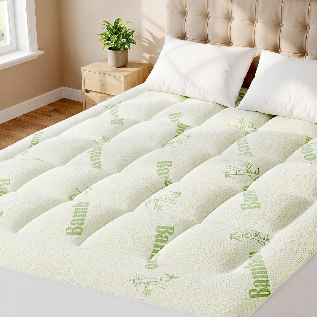 Sweetcrispy Ultra Soft Mattress Topper Twin Size - Viscose Made From Bamboo Pillow Top Mattress Pad For Breathable Cooling & Back Pain Relief, Deep Pocket Comfort Bed Topper, Green