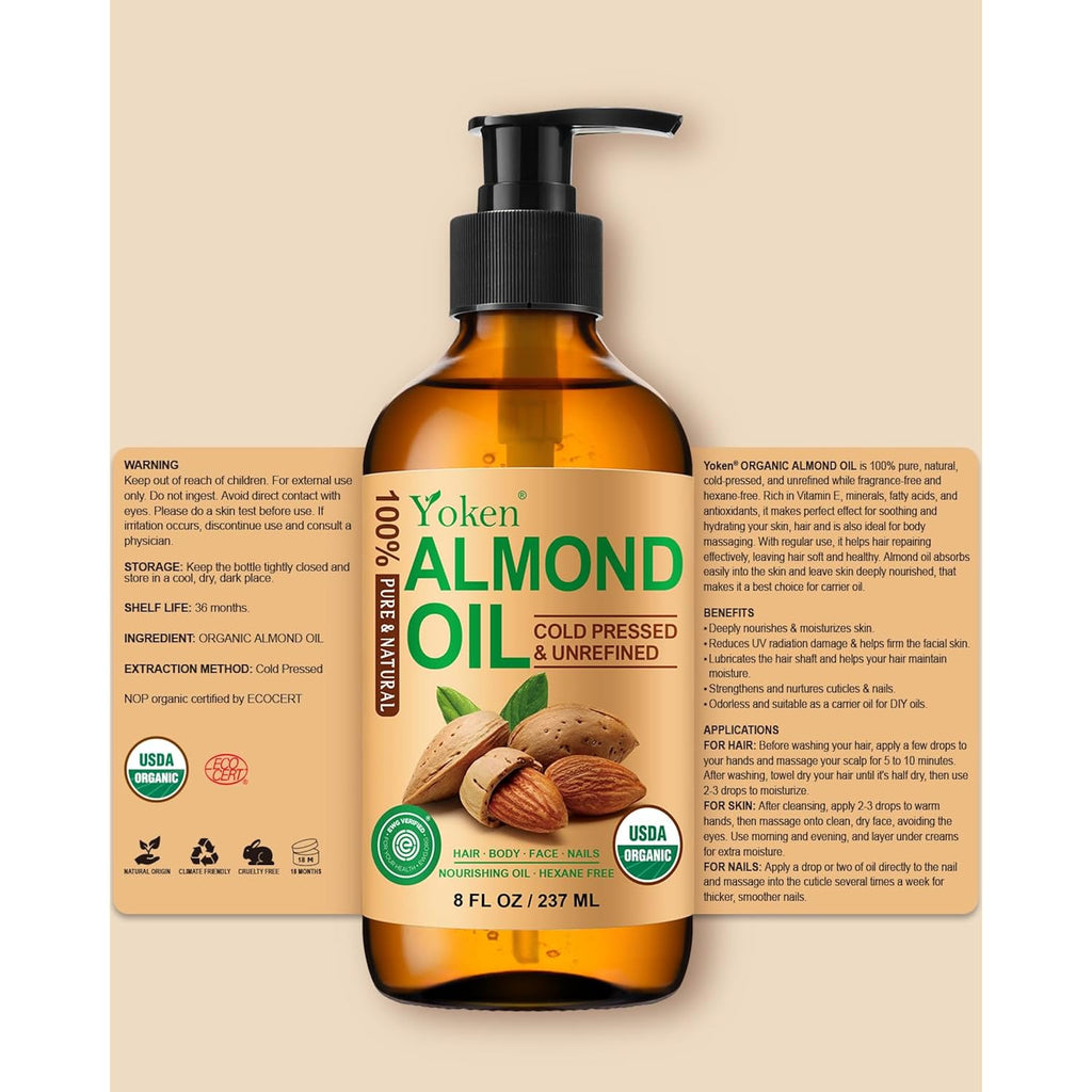 Yoken Organic Almond Oil 8 Oz Glass Bottle, Cold Pressed For Skin & Hair