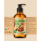 Yoken Organic Almond Oil 8 Oz Glass Bottle, Cold Pressed For Skin & Hair