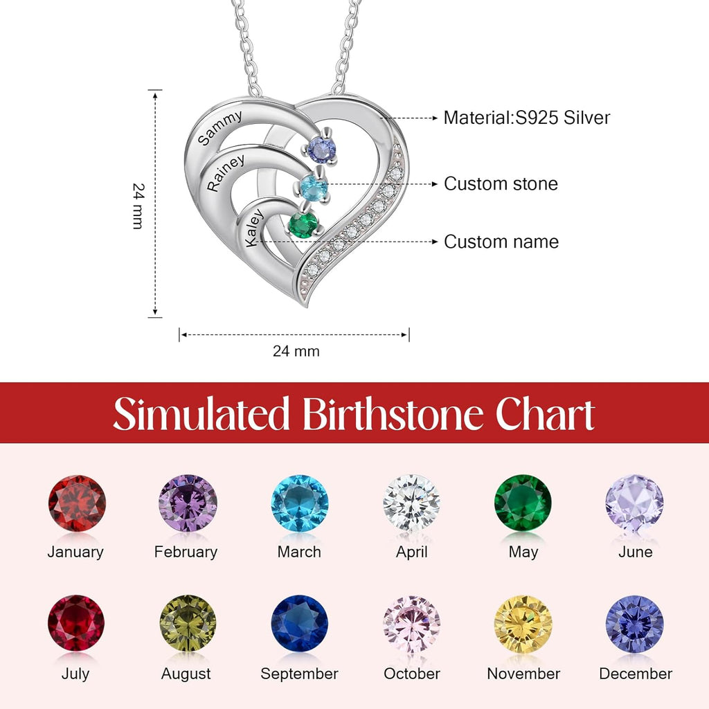 925 Sterling Silver Personalized Mother Necklace with 2-6 Birthstone Necklaces for Women Mothers Day Gifts for Mom Grandma Wife, Engraved Names Heart Charm Pendant for Birthday Anniversary