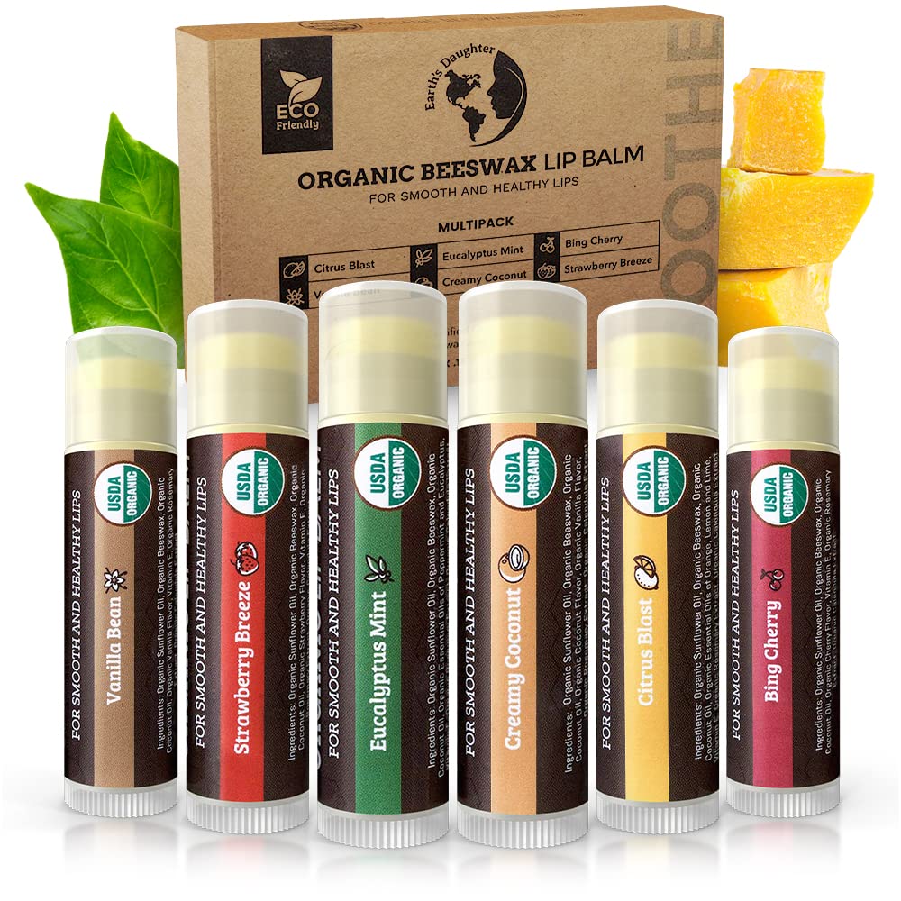 Earth'S Daughter Usda Organic Lip Balm 6-Pack - Fruit Flavors, Beeswax, Coconut Oil, Vitamin E - Best Lip Repair Chapstick For Dry Cracked Lips - Moisturizing Lip Care