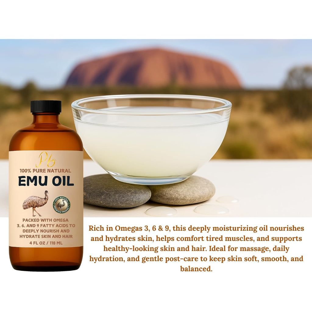 Pomberries Emu Oil, 100% Pure Australian Emu Oil – Refined & Unscented – Natural Moisturizer For Hair, Skin, Face & Body – Helps With Scars, Dry Skin & Massage – 4 Fl Oz Glass Bottle