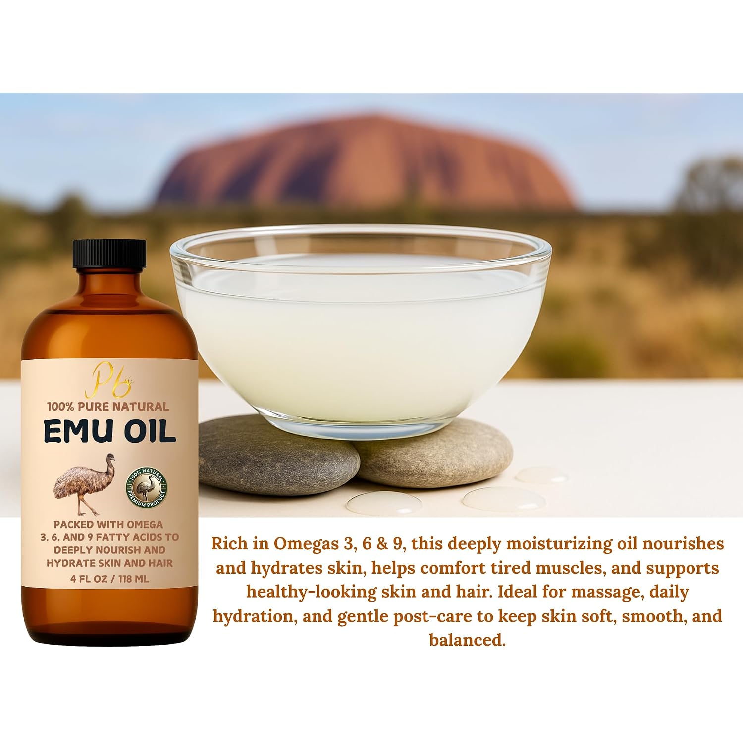 Pomberries Emu Oil, 100% Pure Australian Emu Oil – Refined & Unscented – Natural Moisturizer For Hair, Skin, Face & Body – Helps With Scars, Dry Skin & Massage – 4 Fl Oz Glass Bottle