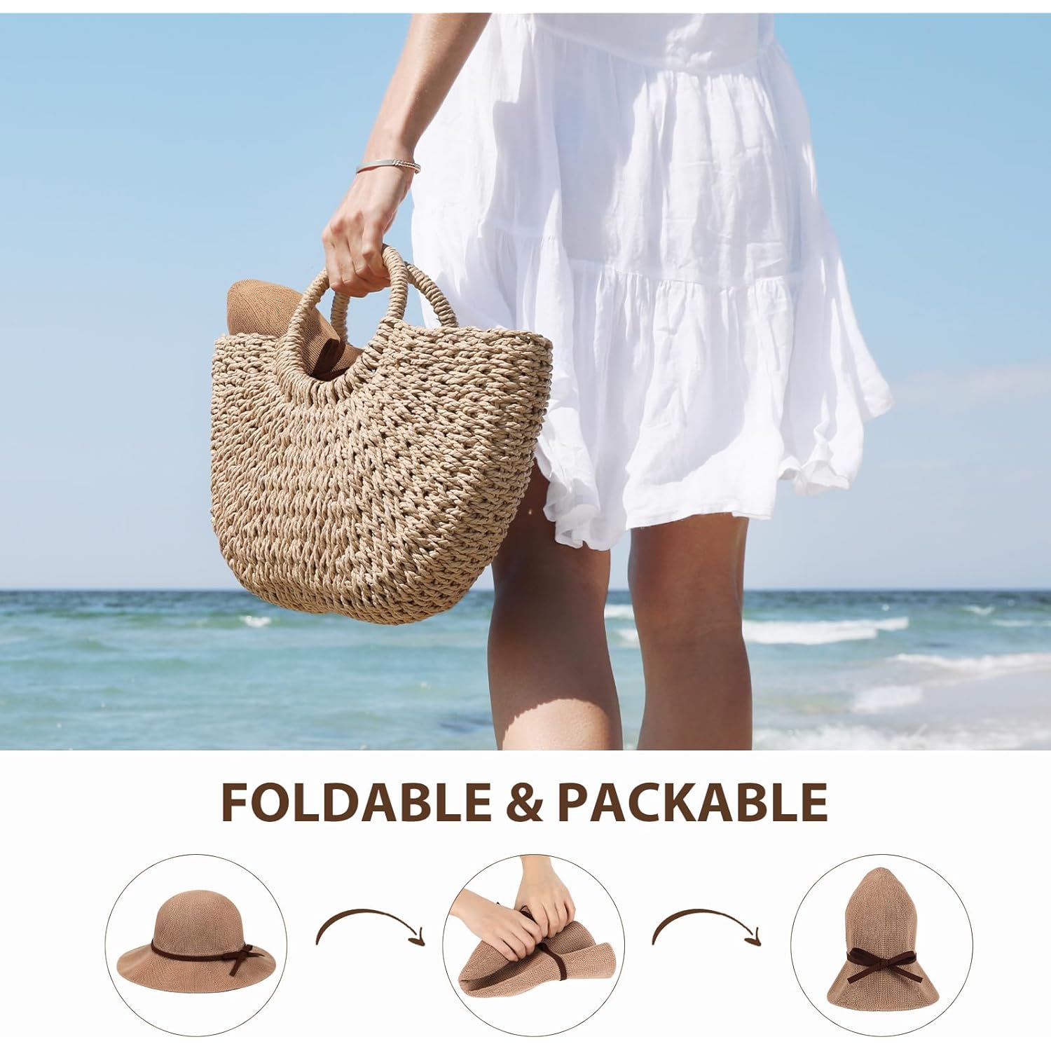 Sun Beach Hats for Women, Summer UPF 50+ UV Sun Protection Wide Brim Woven Hat Foldable Packable Knitted Cap