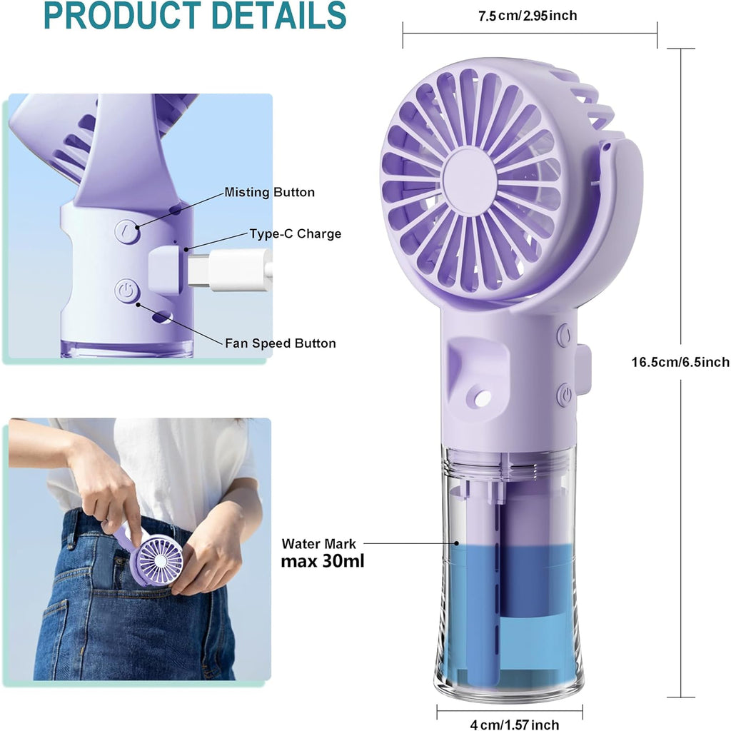 Handheld Misting Fan，Rechargeable Battery Operated ，Portable 4 Speeds & 55Ml 360° Swiveling Personal Fan For Travel Camping Outdoor (Purple)