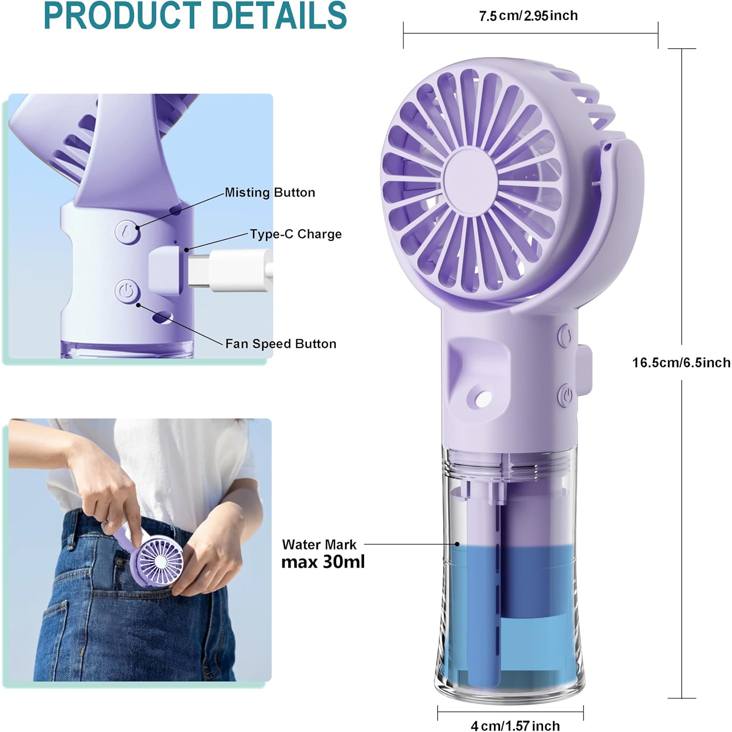 Handheld Misting Fan，Rechargeable Battery Operated ，Portable 4 Speeds & 55Ml 360° Swiveling Personal Fan For Travel Camping Outdoor (Purple)