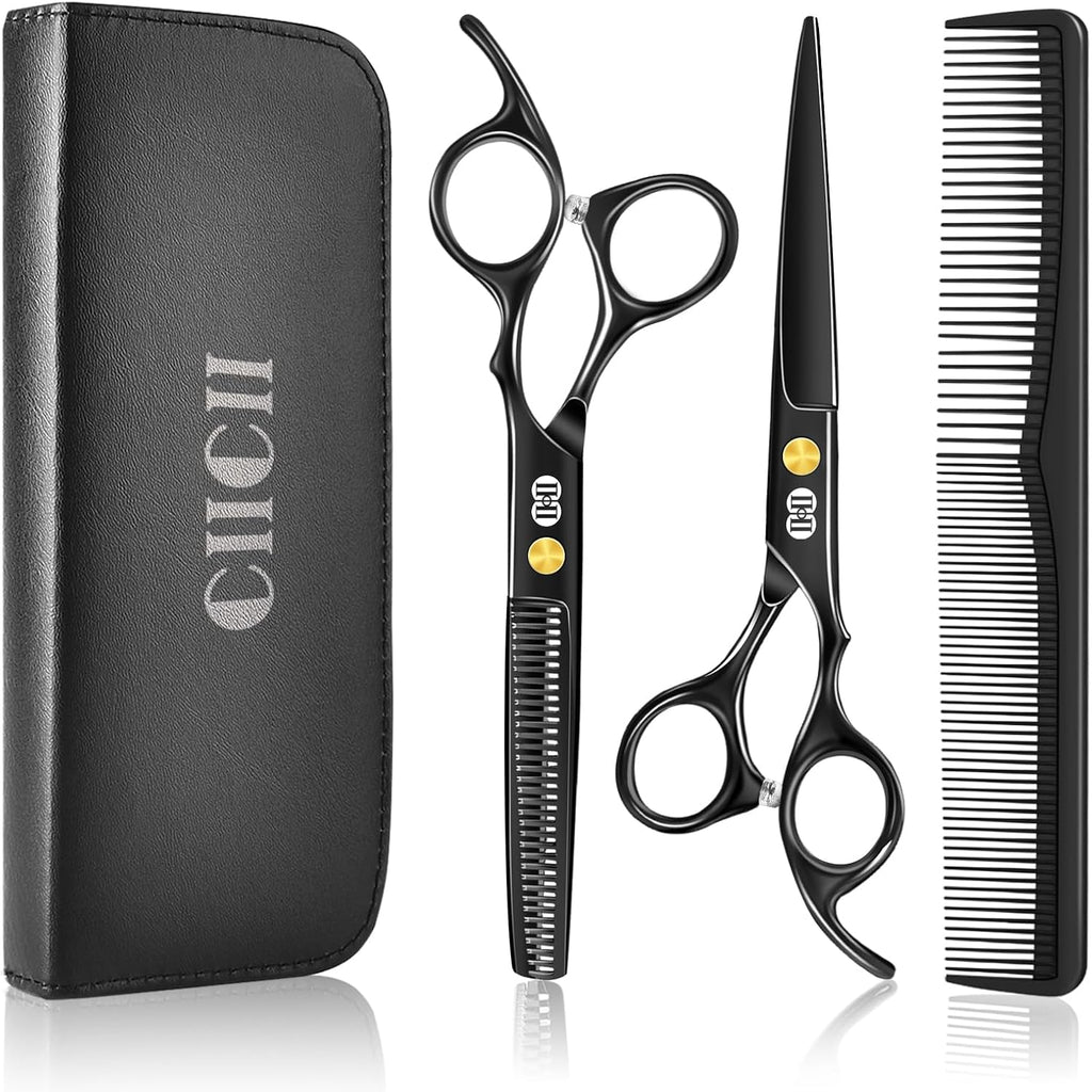 Hair Cutting Scissors Shears Kit, Professional Barber Haircut Scissors Set (6.7 Inch Hair Beard Hairdressing Trimming Haircutting Thinning Shears) For Men Women Hairdresser Home Salon (Black)