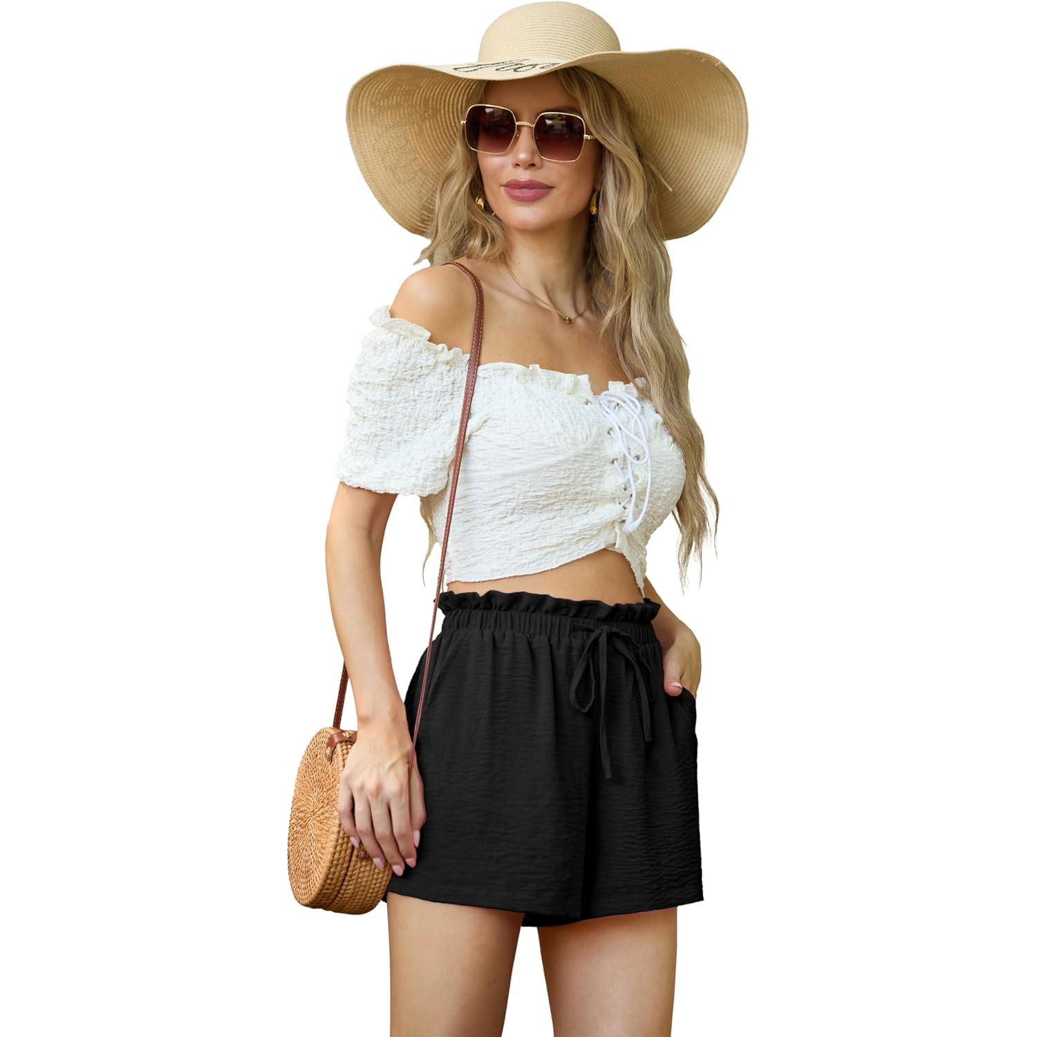 Womens Summer Shorts with Pockets High Waisted Wide Leg Cute Ruffle Waist Drawstring Casual 2026 Vacation Outfit
