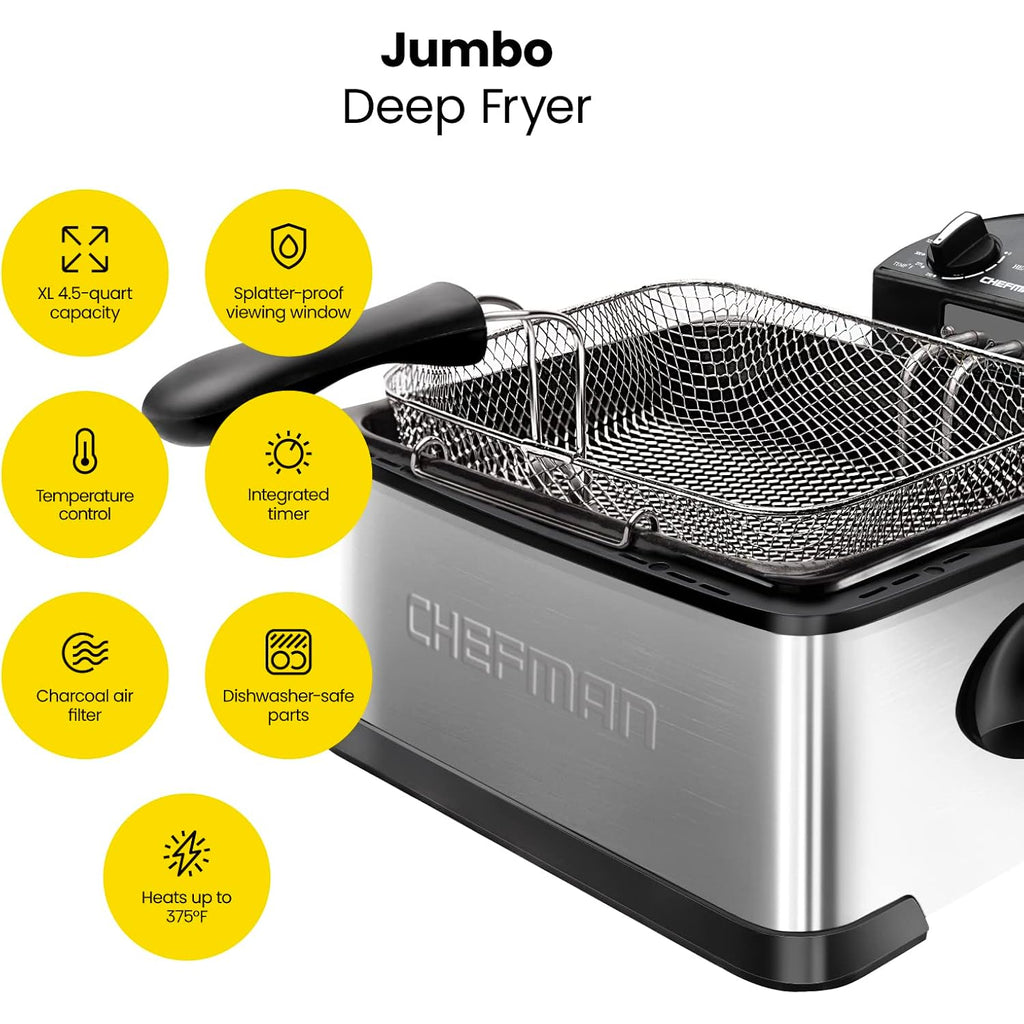 Chefman 4.5 Liter Deep Fryer w/Basket Strainer, XL Jumbo Size, Adjustable Temperature & Timer, Perfect for Fried Chicken, Shrimp, French Fries, Chips & More, Removable Oil-Container, Stainless Steel