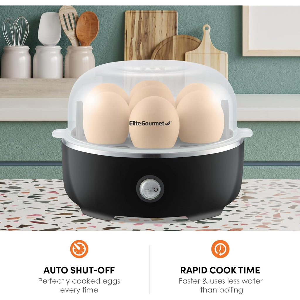 Elite Gourmet EGC115B Easy Egg Cooker Electric 7-Egg Capacity, Soft, Medium, Hard-Boiled Egg Cooker with Auto Shut-Off, Measuring Cup Included, BPA Free, Classic Black