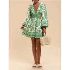 Floerns Women'S Tropical Bishop Sleeve Mini Dress Cut Out Tie Back V Neck Beach A Line Dresses