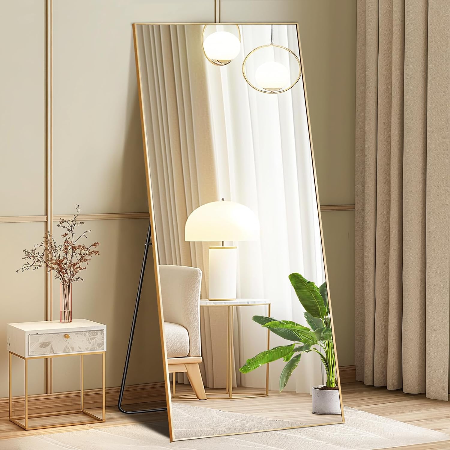 Dumos 64"X21" Full Length Mirror With Stand, Floor Standing Aluminum Frame, Shatterproof Nano Glass For Bedroom, Living Room, Cloakroom Modern Simple Home Decor, Can Be Hanging, Leaning Or Wall, Gold