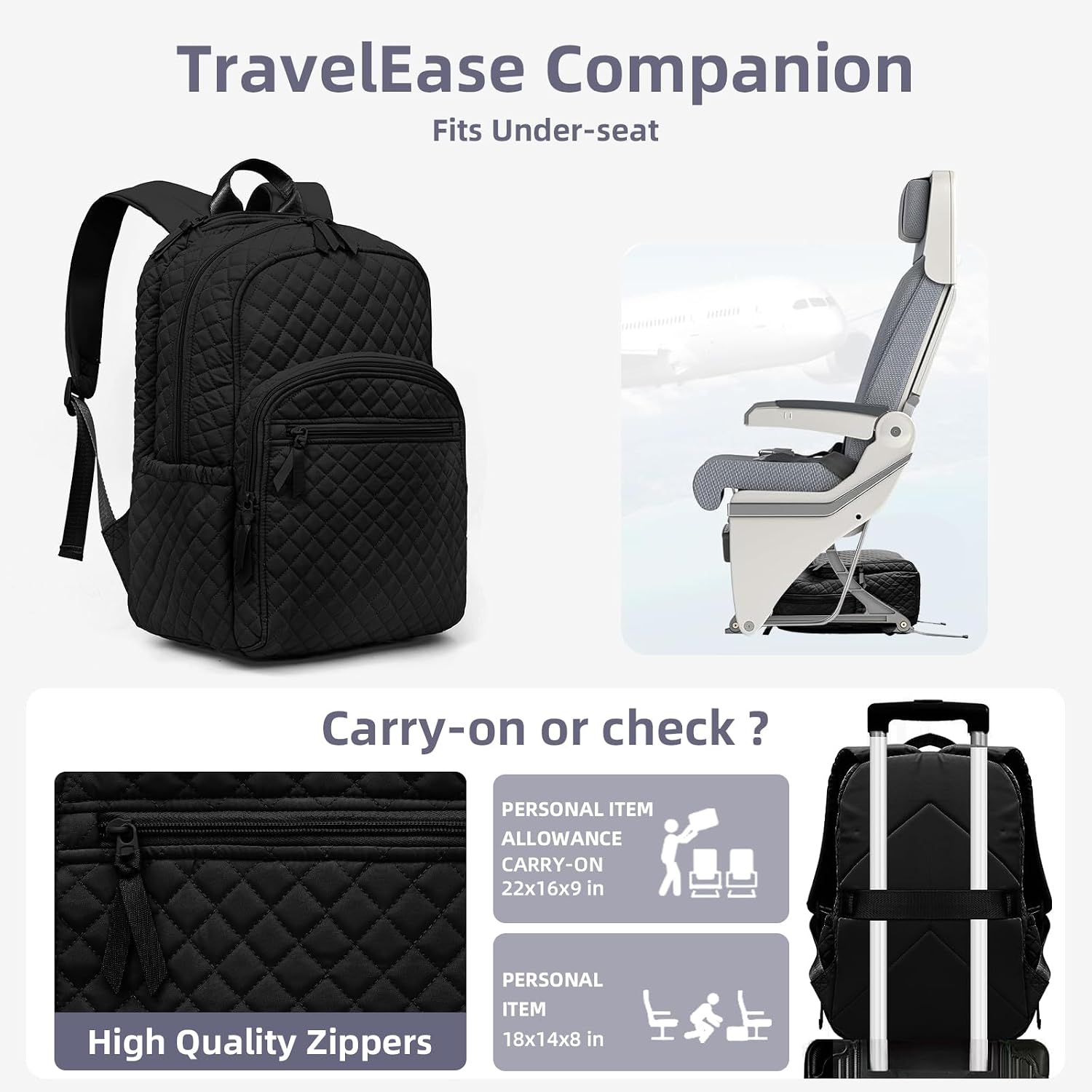Backpack For Women,College Backpack,Quilted Casual Daypack,Waterproof Bookbag For 15.6Inch Laptop (Black)