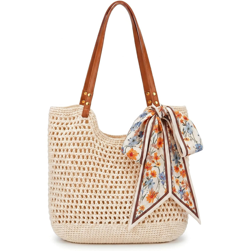 Crochet Beach Tote Bag For Women With Zipper Closure & Lining, Summer Woven Shoulder Bag, Straw Style Boho Vacation Purse
