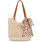 Crochet Beach Tote Bag For Women With Zipper Closure & Lining, Summer Woven Shoulder Bag, Straw Style Boho Vacation Purse