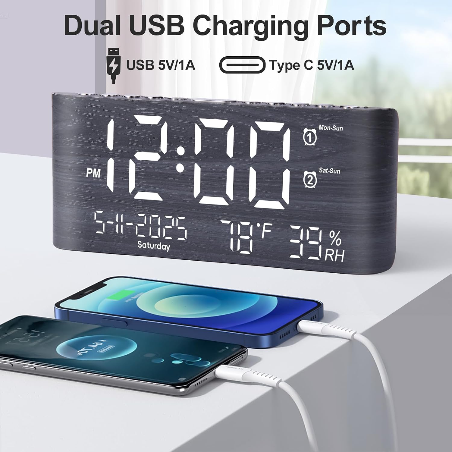 Pplee 8.7Inch Digital Alarm Clock For Bedroom-Digital Clock With Day Of Week Month Year Humidity & Temperature Brightness Snooze 2 Alarm Clock & 2 Usb Charger Desk Clock For Heavy Sleeper