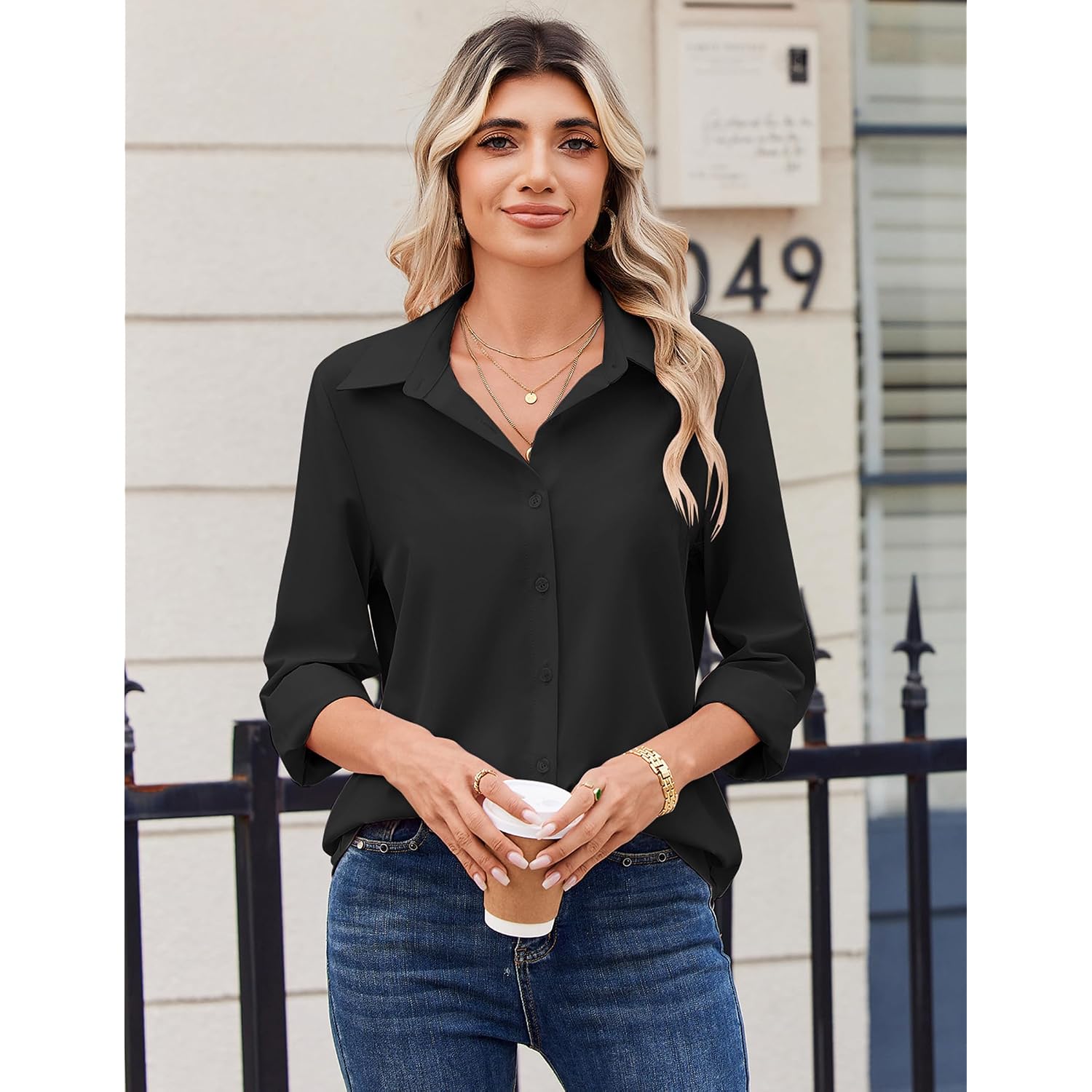 Zeagoo Blouse For Women Dressy Long Sleeve Button Down Shirts Business Casual Outfit Lightweight Solid/Printed Tops