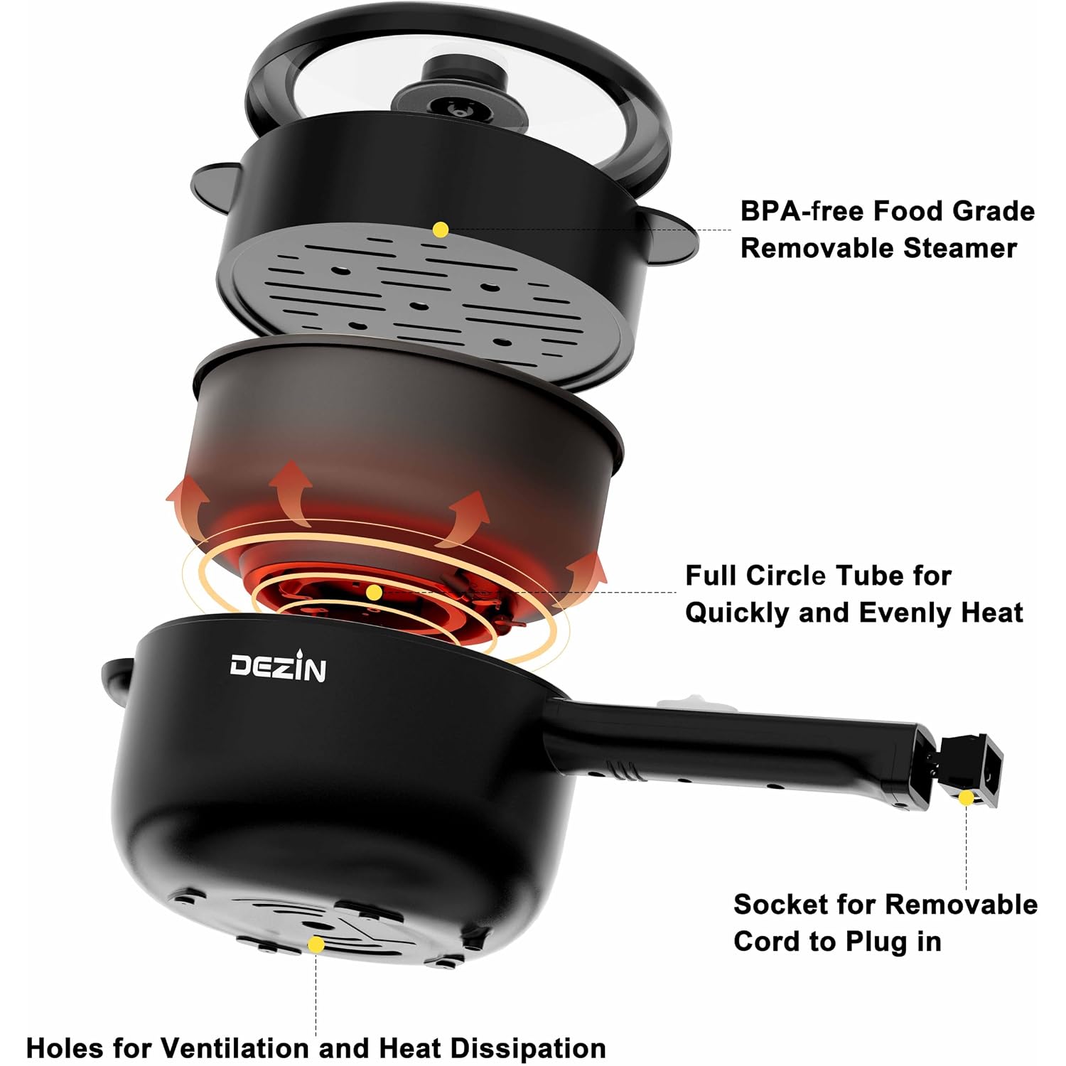 Dezin 2L Hot Pot Electric, Non-Stick Electric Pan, 700W Adjustable Power | Electric Pot For Cooking/Steak/Egg/Fried Rice/Ramen/Soup, Portable Pot For Dorm/Rv/Family/Travel/Camping, Include Spatula
