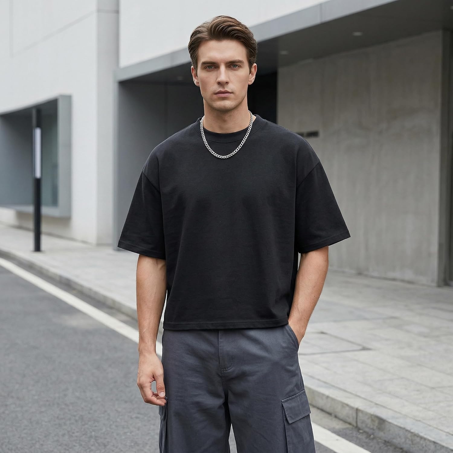 Boxy Cropped T Shirt For Men – Heavyweight 300Gsm Cotton Tee, Wide Chest Oversized Fit, Drop Shoulder Streetwear Shirt
